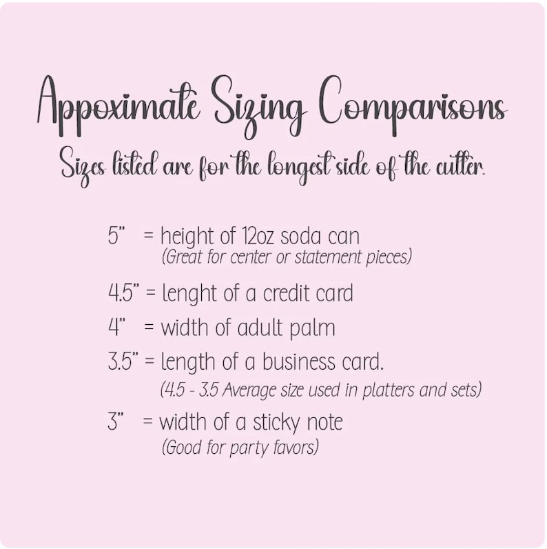 May include: A light pink graphic with the text "Approximate Sizing Comparisons". The text provides size comparisons: 5" is the height of a 12oz soda can, 4.5" is the length of a credit card, 4" is the width of an adult palm.
