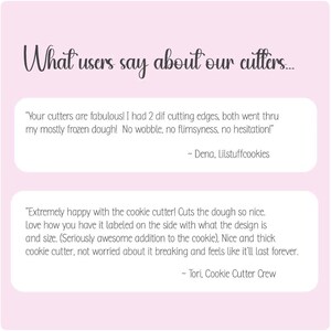 May include: A light pink background with the text "What users say about our cutters..." in a cursive font. Two customer testimonials are displayed below, praising the cookie cutters' quality and performance. The testimonials are attributed to Dena and Tori.