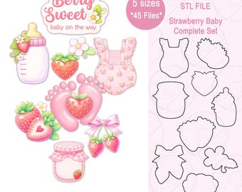 Strawberry Baby STL Cookie Cutter Bundle | Berry Sweet Baby Shower Complete Set | 9 Cutters in 5 Sizes | 45 STL Files