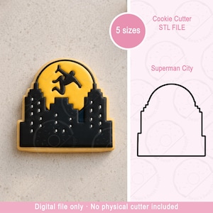 May include: A cookie cutter in the shape of a city skyline with a yellow moon and a figure of a person flying. The cookie cutter is black and has the text "Superman City". The image also includes the text "Digital file only. No physical cutter included."