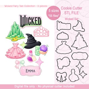 May include: A collection of digital files featuring a "Wicked Fairy Tale" theme. The image includes illustrations of a witch's hat, a pink dress, a crystal ball, and a pink tiara. The text "WICKED" is displayed prominently, along with the name "EMMA".