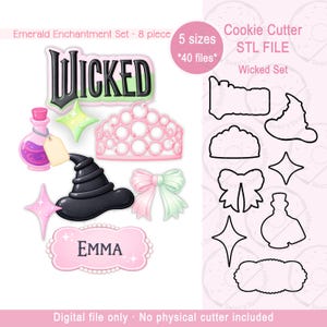 May include: An image featuring a collection of digital cookie cutter designs. The "Wicked" set includes a witch hat, potion bottle, star shapes, a crown, and a bow. The text "EMMA" is displayed on a pink label. The set is labeled "Emerald Enchantment" and includes 5 sizes and 40 files.