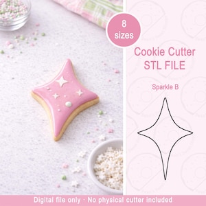Pode incluir: Um biscoito rosa em forma de estrela com decorações de estrelas e pontos brancos. O biscoito está sobre uma superfície branca com granulado e uma tigela de granulado. O texto diz "Cookie Cutter STL FILE Sparkle B".