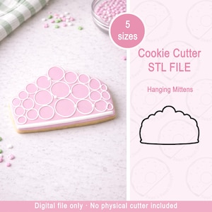 May include: A pink cookie decorated with white icing circles, resembling a crown. The image includes text that reads "Cookie Cutter STL FILE" and "Hanging Mittens". The text "5 sizes" is also visible.