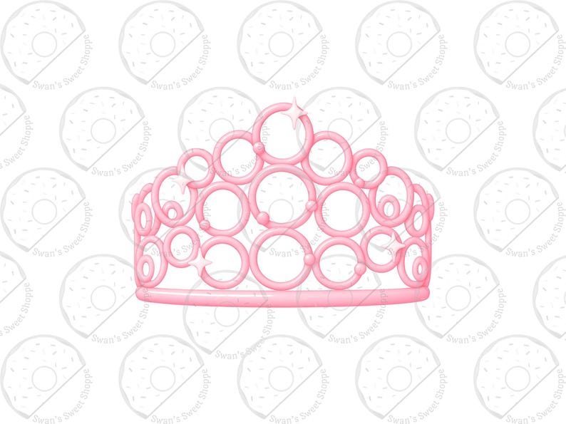 May include: A pink tiara with a series of connected circles and star accents. The tiara is a light pink color and is designed with a series of connected circles and star accents. The tiara is a decorative item.