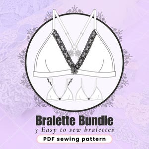 Könnte beinhalten: Eine Strichzeichnung eines Bralette-Bundles mit drei verschiedenen Designs. Das Hauptdesign zeigt ein Dreiecks-Bralette mit Spitzendetails. Der Text "Bralette Bundle" und "3 Easy to sew bralettes" wird unter den Designs angezeigt. Die Worte "PDF sewing pattern" sind ebenfalls sichtbar.