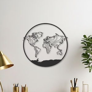 Topographic World Map Metal Wall Art, Circular Globe Decor, Geographic Spirit Sign,Adventurer Gift,Duplex Modern Metal Art,Framed Metal Sign