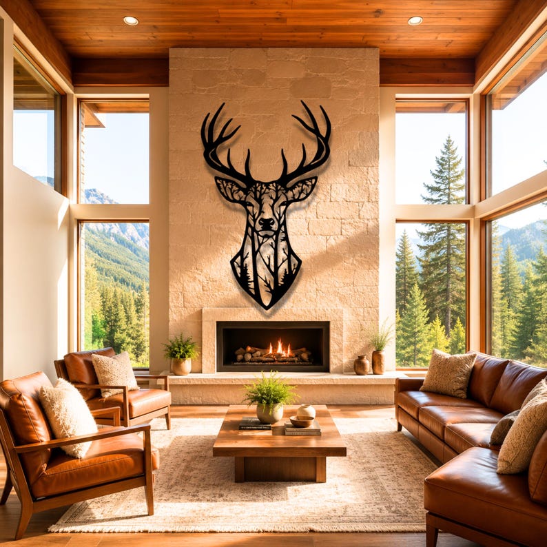 A black metal wall art piece shaped like a deer head, featuring an intricate cutout design of a forest with trees