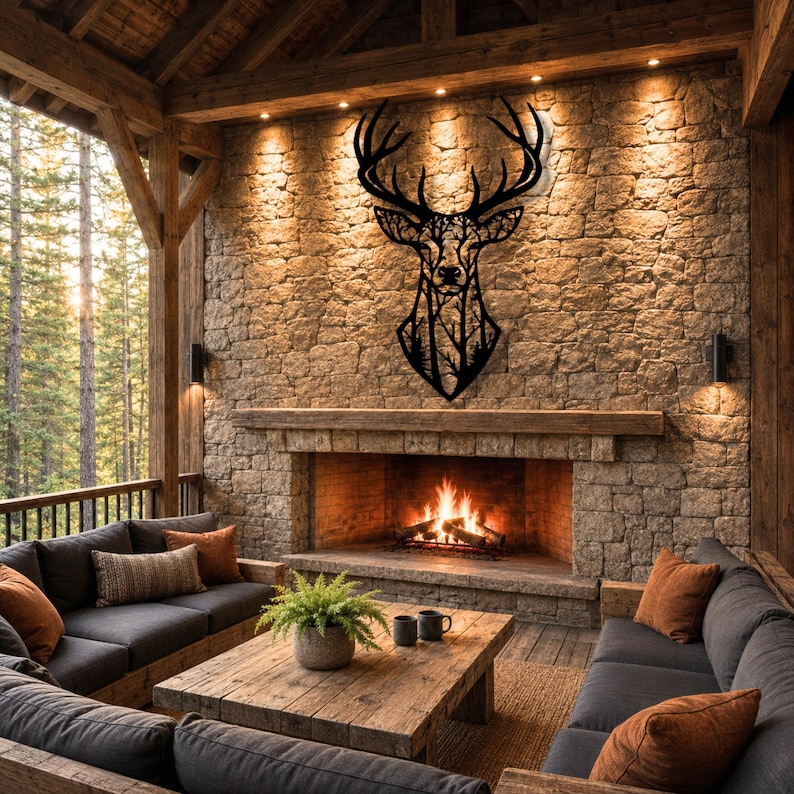 Rustic living room featuring deer head metal artwork