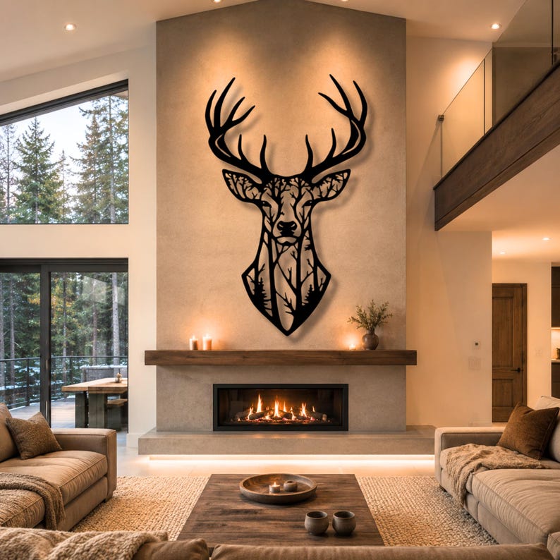 Deer wall art displayed in a cozy woodland home