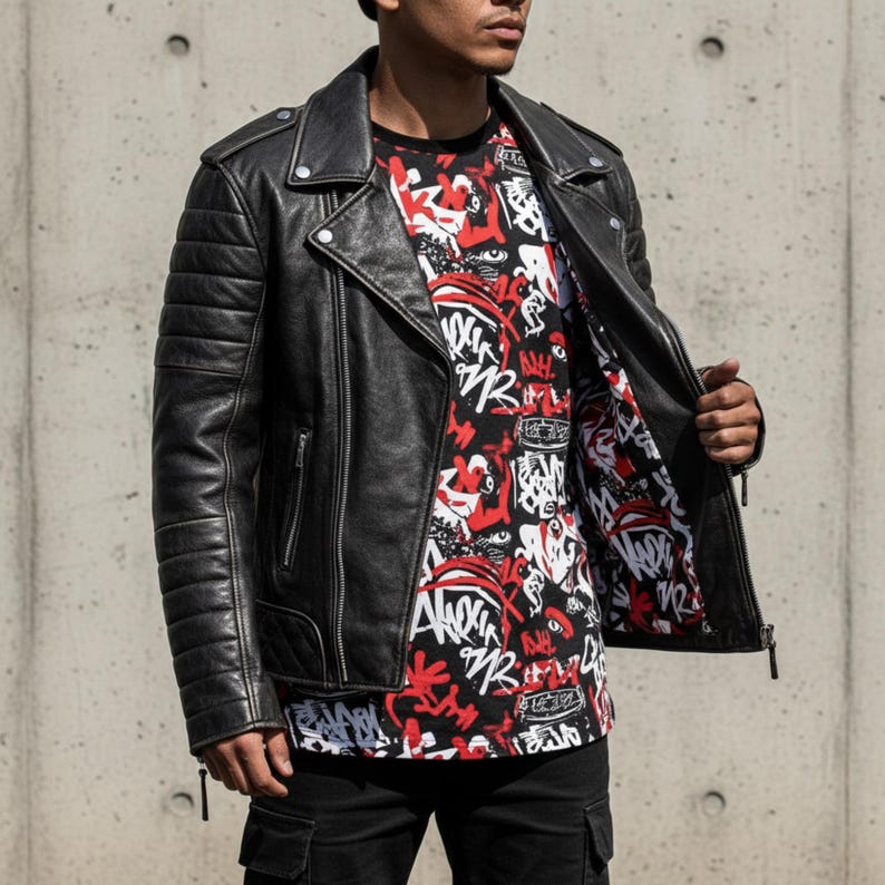 May include: Black leather motorcycle jacket with quilted shoulder and sleeve details. The jacket is open, revealing a black t-shirt with a red and white graphic design. The model is wearing black cargo pants.