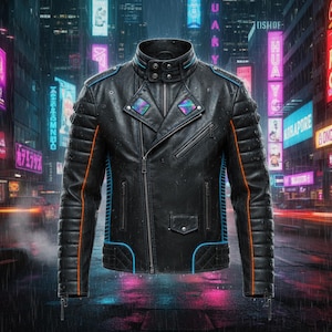 May include: Black leather jacket with a quilted design on the shoulders and sleeves. The jacket features a zipper closure, multiple pockets, and neon blue and orange accents. The jacket has a high collar and a futuristic aesthetic.