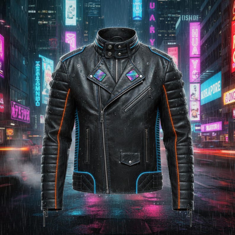 May include: Black leather jacket with a quilted design on the shoulders and sleeves. The jacket features a zipper closure, multiple pockets, and neon blue and orange accents. The jacket has a high collar and a futuristic aesthetic.