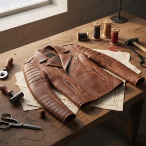 May include: A brown leather jacket with a classic biker style, featuring a notched collar, multiple zippered pockets, and quilted shoulder and arm details. The jacket is displayed on a wooden table with sewing tools and spools of thread, suggesting craftsmanship.