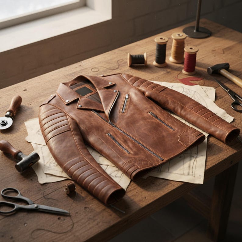 May include: A brown leather jacket with a classic biker style, featuring a notched collar, multiple zippered pockets, and quilted shoulder and arm details. The jacket is displayed on a wooden table with sewing tools and spools of thread, suggesting craftsmanship.