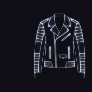 May include: A black leather jacket outline with white neon lines. The jacket features a notched lapel, an asymmetrical zipper, and quilted shoulder and lower front panel details. The sleeves have ribbed panels. The background is black.