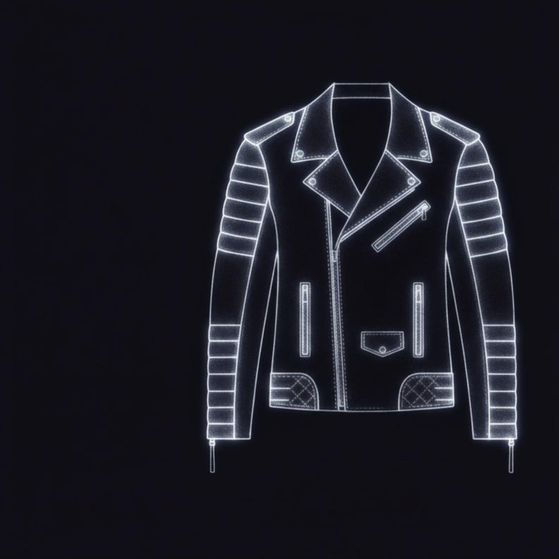 May include: A black leather jacket outline with white neon lines. The jacket features a notched lapel, an asymmetrical zipper, and quilted shoulder and lower front panel details. The sleeves have ribbed panels. The background is black.