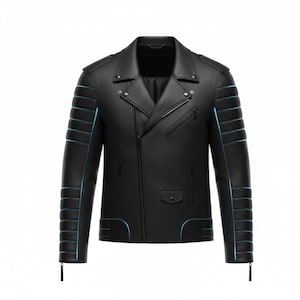 May include: Black leather motorcycle jacket with a classic asymmetrical zip closure. Features include a notched lapel, multiple pockets, and quilted detailing on the shoulders and sleeves. Accented with light blue trim.