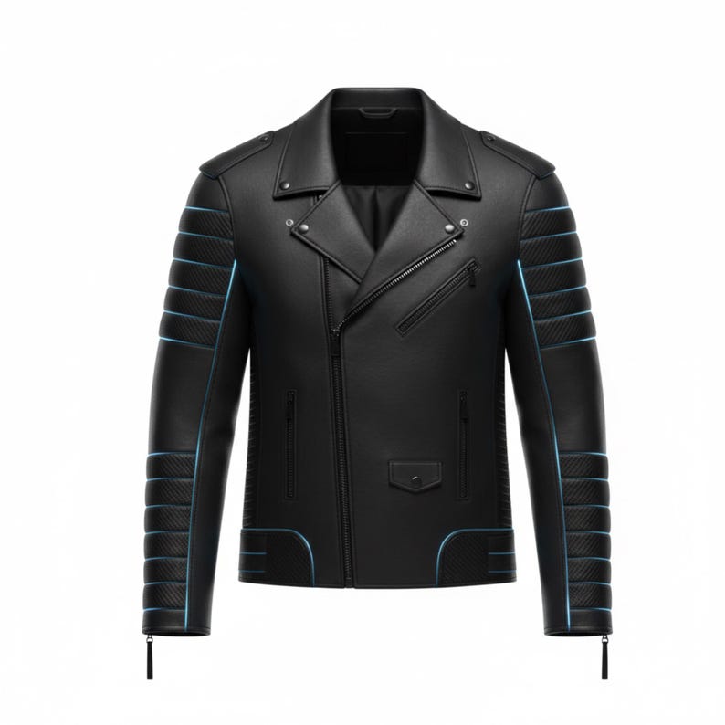 May include: Black leather motorcycle jacket with a classic asymmetrical zip closure. Features include a notched lapel, multiple pockets, and quilted detailing on the shoulders and sleeves. Accented with light blue trim.