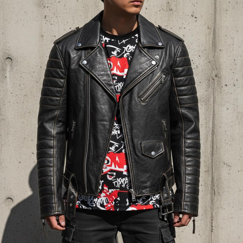 May include: Black leather motorcycle jacket with a classic asymmetrical zip closure, quilted shoulder and arm details, and multiple zippered pockets. The jacket is worn over a black graphic tee.