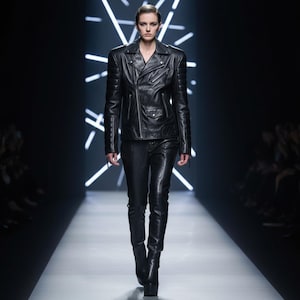 May include: A black leather jacket with a notched collar and asymmetrical zipper, paired with matching leather pants. The jacket features quilted detailing on the shoulders and sleeves. The model is walking on a runway.