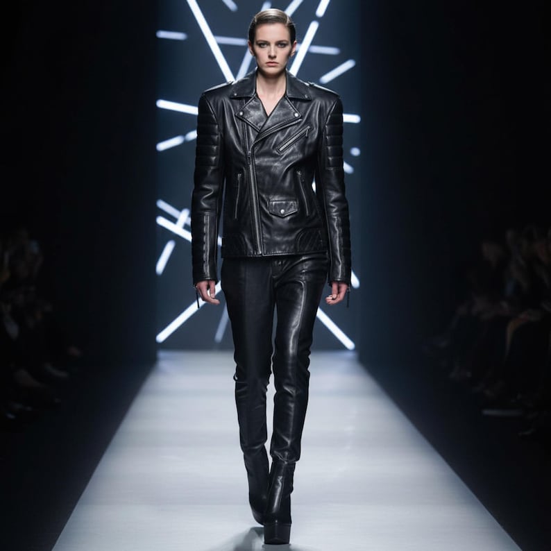 May include: A black leather jacket with a notched collar and asymmetrical zipper, paired with matching leather pants. The jacket features quilted detailing on the shoulders and sleeves. The model is walking on a runway.