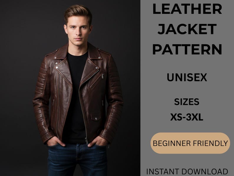Leather Biker Jacket Sewing Pattern, Unisex XS-3XL (Digital Download) image 1