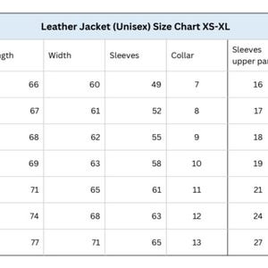 May include: A size chart for a unisex leather jacket, ranging from XS to 3XL. Measurements include length, width, sleeves, collar, and sleeve panel dimensions in inches. The chart is on a white background.