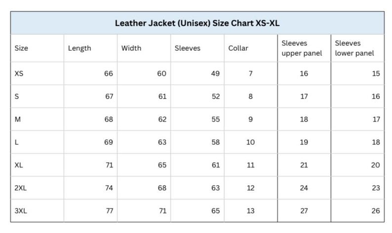 May include: A size chart for a unisex leather jacket, ranging from XS to 3XL. Measurements include length, width, sleeves, collar, and sleeve panel dimensions in inches. The chart is on a white background.