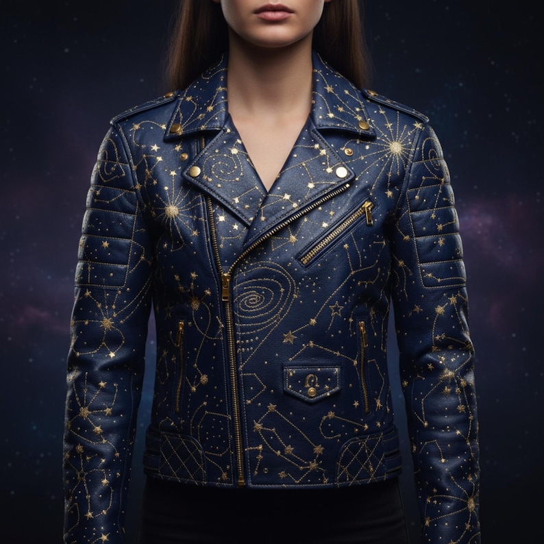 May include: A navy blue leather jacket with gold star and constellation embroidery. The jacket features a classic biker style with a notched collar, asymmetrical zipper, and quilted shoulder details. Gold hardware accents the design.