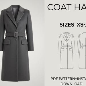 Puede incluir: Un abrigo largo gris carbón con cinturón en la cintura, dos bolsillos delanteros y solapas. La imagen incluye el texto "COAT HALF" y "SIZES XS-XL". También se muestra un dibujo lineal del abrigo.