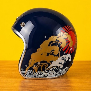 Casco Slimhead 500 TX personalizado estilo ola japonesa, casco abierto, casco retro de motocicleta con sol naciente, casco azul marino personalizado inspirado en Ukiyo-e