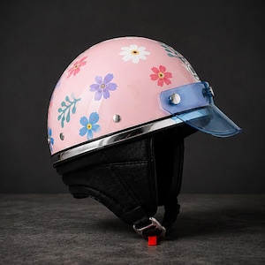 baby blue motorcycle helmet white flowers Helmet, Iron King with Visor Made with 100% fiberglass shell construction Custom Shorty Helmet - Etsy