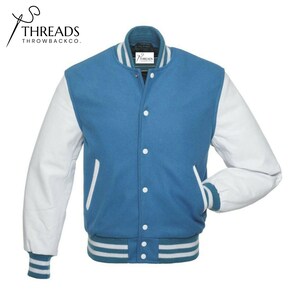 Blue & White Varsity Jacket  Classic Fleece and faux Leather Letterman Retro College Baseball Jacket