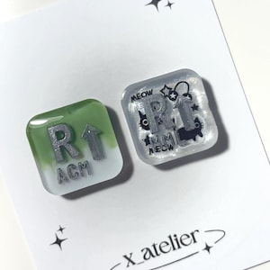 May include: Two square resin pins featuring silver raised lettering and symbols. The left pin has a green and white gradient background with the text R1 and ACM. The right pin is clear with black cat graphics, the text MEOW, and silver R1 lettering.