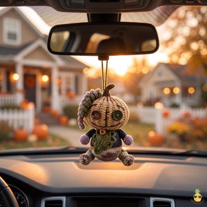 Handmade Patchwork Pumpkin Crochet Car Hanging, Button Eyes, Halloween Charm