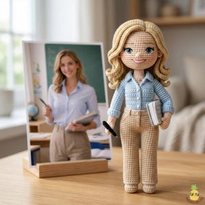 May include: A crocheted doll of a teacher, with blonde hair, blue eyes, and a light blue shirt, tan pants, and holding a pen and book. A framed photo of a teacher is in the background. The doll is on a wooden table.