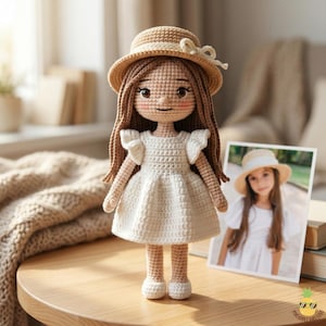 May include: A handmade crochet doll with long brown hair, wearing a white dress and a straw hat with a bow. The doll is standing on a wooden table next to a framed photograph of a girl wearing a similar hat and dress.
