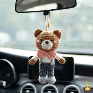 Ręcznie robiony miś z kokardą, zawieszka na samochód, zabawny wisiorek na lusterko wsteczne