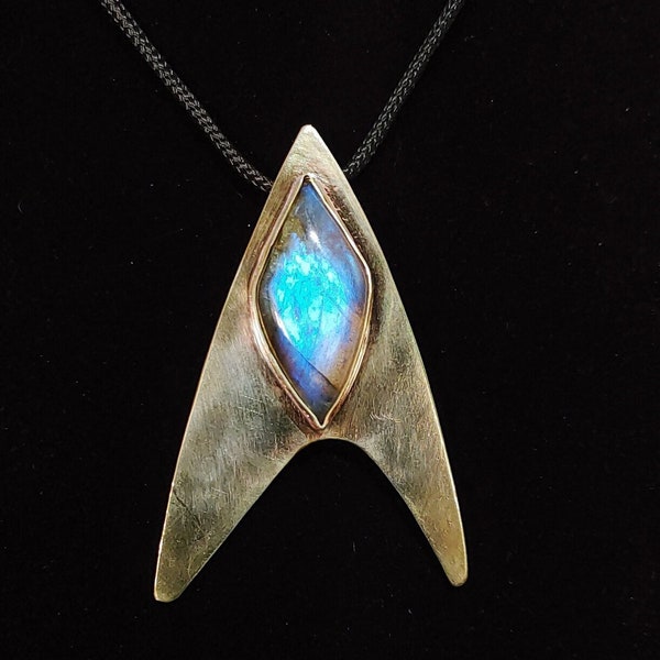 Hand Made Star Trek Inspired Labradorite and Brass Communicator Badge Pendant Necklace