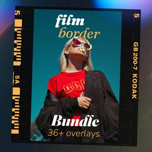 May include: A digital film border bundle with 36+ overlays. The image features a person wearing sunglasses and a red shirt with the text "GGC". The words "film border" and "Bundle" are also visible.
