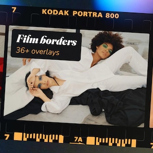 May include: Image featuring two people in white shirts and pants, with black fabric in the foreground. The image is framed by a film border with the text "Film borders 36+ overlays". The Kodak Portra 800 film border adds a vintage aesthetic.
