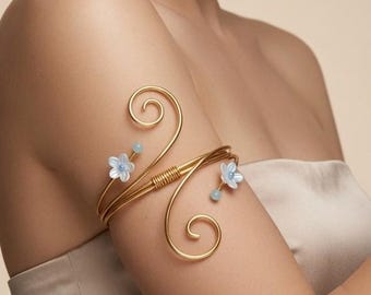 Gold Flower Arm Cuff, Spiral Wire Wrap Armlet, Blue Floral Upper Arm Bracelet, Boho Wedding Arm Jewelry, Unique Gift for Her Jewelry Piece