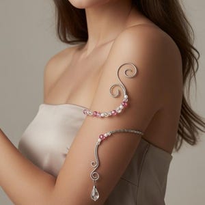 Vintage Silver Beaded Arm Cuff Pink Crystal Spiral Armlet Wire Wrap Upper Arm Bracelet Boho Wedding Arm Jewelry Unique Handmade Gift for Her