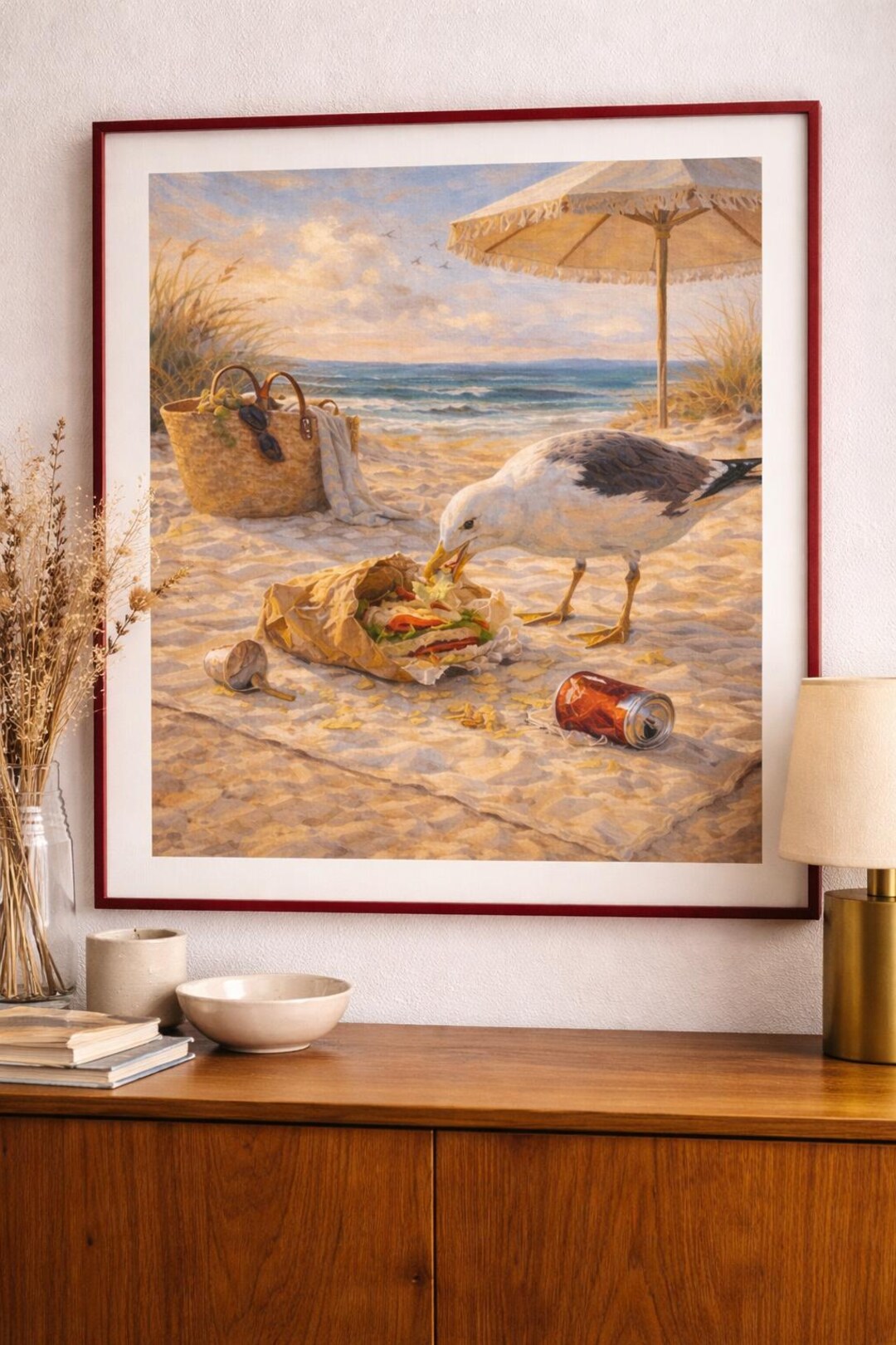 Seagull Beach Art Print – Coastal Acrylic Painting Poster With Sandwich ...