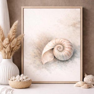 Nautilus Shell Wall Art Digital Download – Neutral Coastal Bedroom Decor, Minimal Beach House Print, Ocean Home Artwork
