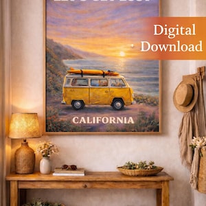 May include: A framed print with the text "LET'S GET LOST" and "CALIFORNIA" featuring a yellow van with a surfboard on top, parked near the ocean at sunset. The words "Digital Download" are also visible. The print is displayed on a wall.