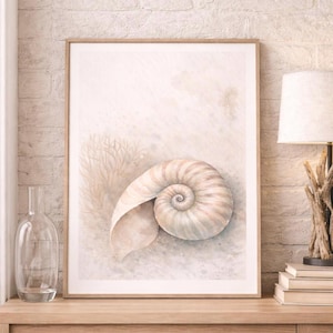 Nautilus Shell Wall Art Print – Neutral Coastal Decor for Bedroom, Minimal Beach House Artwork, Modern Ocean Home Style