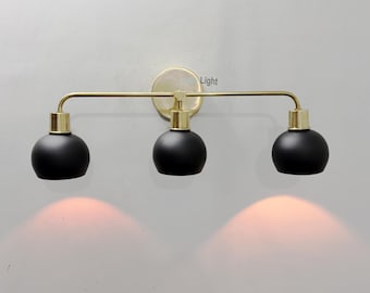 Mid Century Modern Brass Vanity Light, Black Shade, Bathroom Wall Sconce