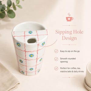 Custom Handmade Ceramic Travel Mug,Hand Painted Daisy Plaid Pottery Cup,Personalized To Go Coffee Tumbler,Dishwasher Safe Sip Mug